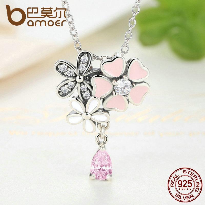 BAMOER 925 Sterling Silver Pink Heart Blossom Cherry Flower 45CM Pendants Necklaces SCN046 - DRE's Electronics and Fine Jewelry