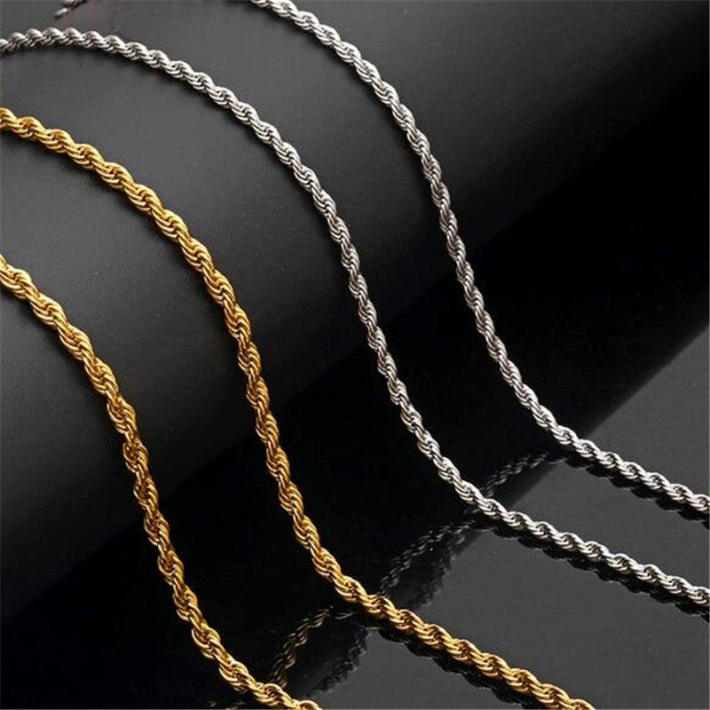 Rope Chain Width 3mm Gold Silver Stainless Steel Necklace Men Twisted Necklaces Jewelry - DRE's Electronics and Fine Jewelry