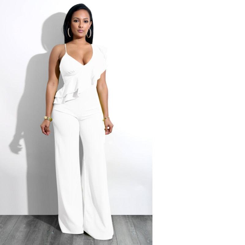 One Shoulder Ruffles Jumpsuits For Women Fashion V Neck Long Wide Leg Pants