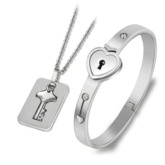 Couple Lovers Jewelry Love Heart Lock Bracelet Stainless Steel Bracelets Bangles Key Pendant Necklace - Sterling Silver Sets