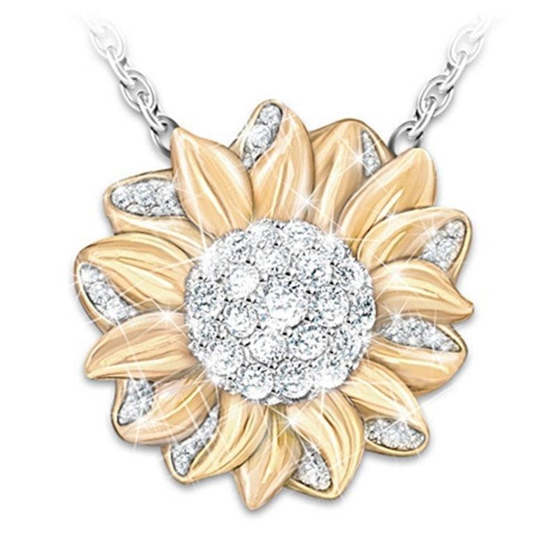 Golden Sun Flower Necklace with Diamonds