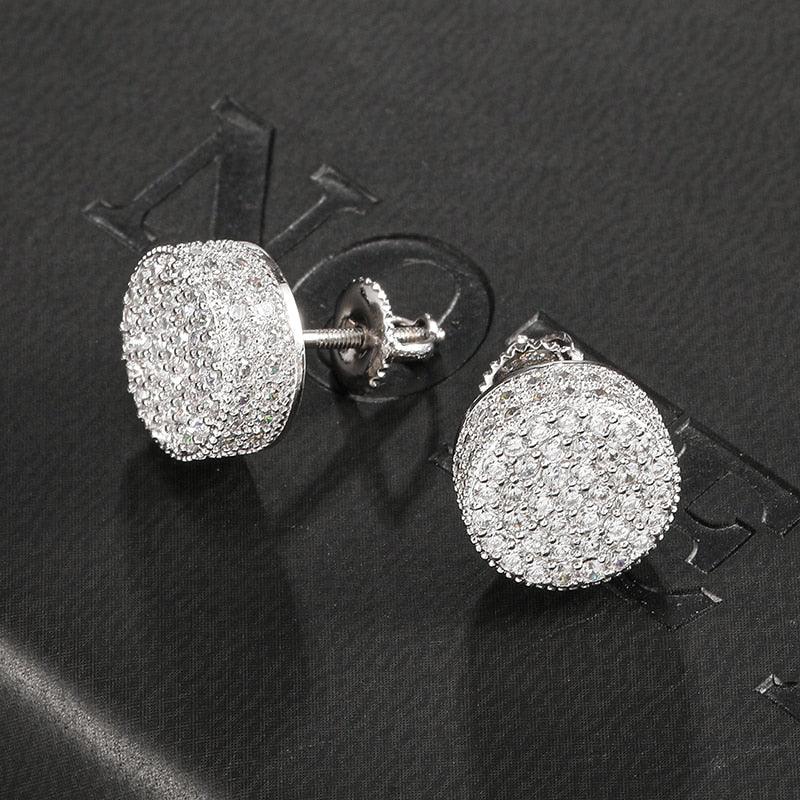 Hip HOP 1Pair Micro Full Paved Rhinestone Round Zircon CZ Stone Bling Iced Out Stud Earring Copper Earrings For Men Jewelry - DRE's Electronics and Fine Jewelry