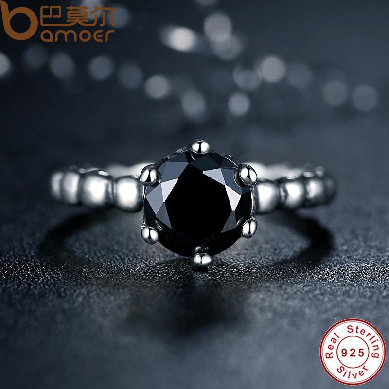 BAMOER 925 Sterling Silver Ring with Black Cubic Zirconia PA7109 - DRE's Electronics and Fine Jewelry