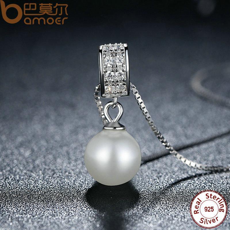 BAMOER 925 Sterling Silver Simulated Pearl Pendant Necklace Long Chain Necklace SCN030 - DRE's Electronics and Fine Jewelry