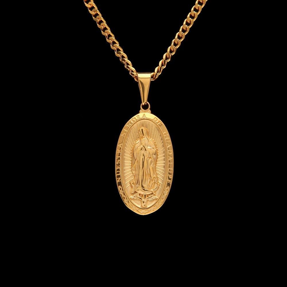 Catholic Religious Virgin Mary Necklace Pendant Stainless Steel Gold Color Cross Medallion Necklace