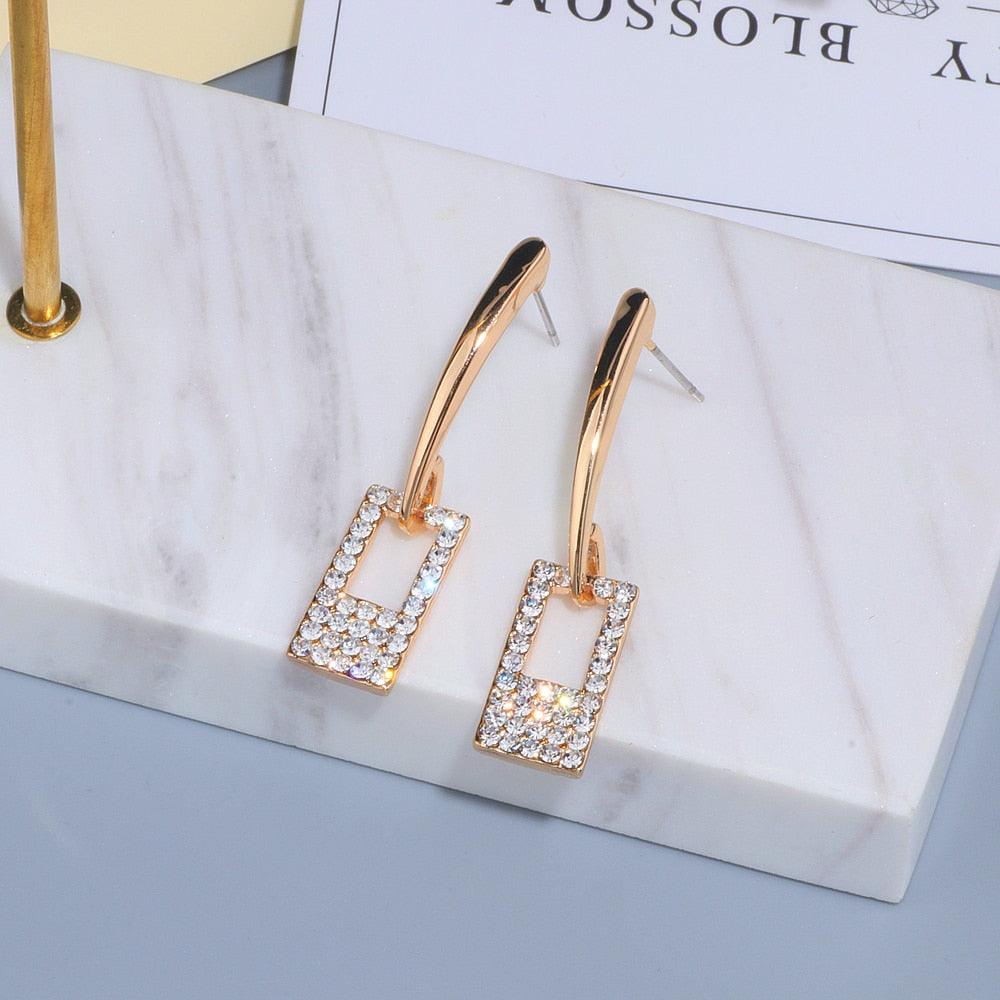 Luxury Classic Gold Color Long Crystal Earring Brincos Simple Geometric Square Drop Earrings - DRE's Electronics and Fine Jewelry