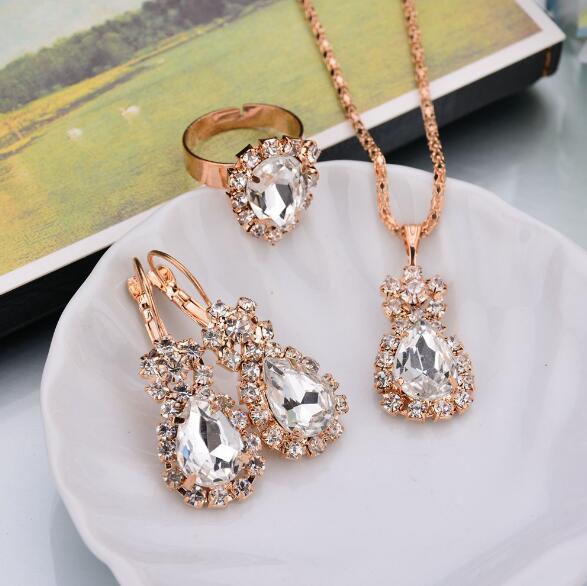 Water Drop Shape Earrings Necklace Rings Jewelry Sets