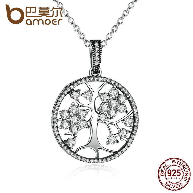 BAMOER 925 Sterling Silver Tree of Life Round Pendant Necklaces PSN013