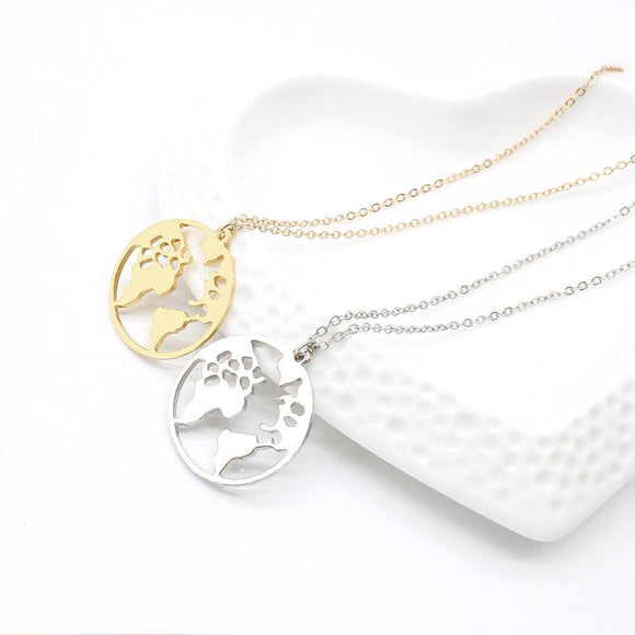Vintage Origami World Map Necklace Women Geometric Round Circle Necklaces & Pendants Choker Jewelry - Sterling Silver