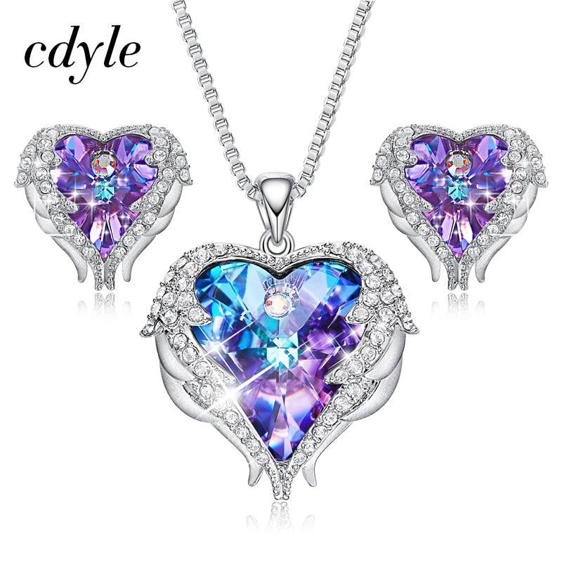 Cdyle Crystals from Swarovski Angel Wings Necklaces Earrings Purple Blue Crystal Heart Pendant Jewelry Set For Women Love Gifts