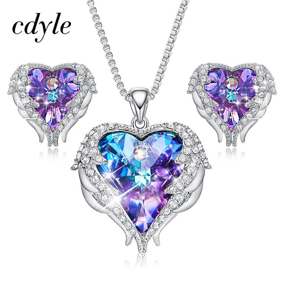 Cdyle Crystals from Swarovski Angel Wings Necklaces Earrings Purple Blue Crystal Heart Pendant Jewelry Set For Women Love Gifts
