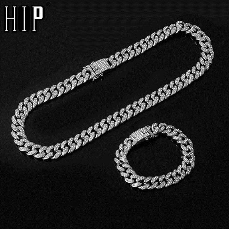 Hip Hop Iced Out Paved Rhinestones 1Set 8MM 13MM Full Miami Curb Cuban Chain CZ Bling Rapper Necklaces For Men Jewelry - DRE's Electronics and Fine Jewelry