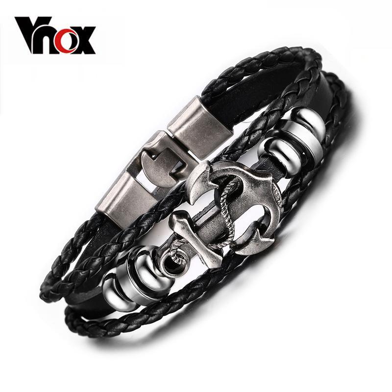 Vnox Anchor Bracelet Black Braided Leather Charm Men Jewelry - DRE's Electronics and Fine Jewelry