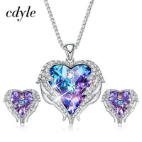 Cdyle Crystals from Swarovski Angel Wings Necklaces Earrings Purple Blue Crystal Heart Pendant Jewelry Set For Women Love Gifts - DRE's Electronics and Fine Jewelry