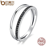 BAMOER 925 Sterling Silver Double Circle Black Clear CZ Stackable Finger Ring SCR082 - Rings