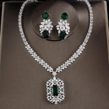 Cubic Zirconia Tag Necklace Earring Jewelry Set - Green - Sets