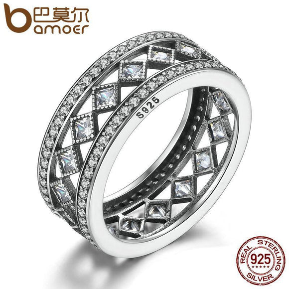 BAMOER 925 Sterling Silver Square Vintage Fascination Clear CZ Big Ring PA7601 - Rings