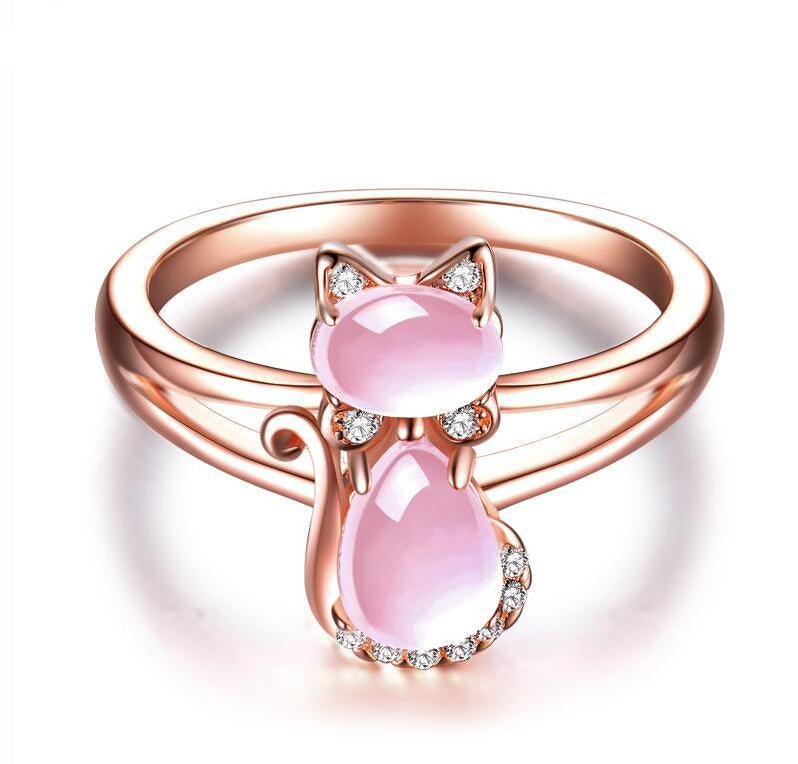 Cute Cat Animal CZ Ross Quartz Crystal Pink Opal Rings - DRE's Electronics and Fine Jewelry