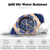 MISSFOX 2593 Women’s Watches Chronograph Rose Gold Sport Watch Ladies Diamond Blue Rubber Band Xfcs Analog Female Quartz Wristwatch - Women