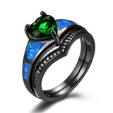 Heart Fire Opal Rings For Women Vintage Fashion Jewelry Engagement Black Gold Filled Rainbow Blue Birthstone Ring - Green / 5 - Sterling 