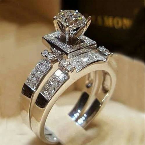 Elegant Wedding Engagement Rings Set 2 PCS Sterling Silver With Full Shiny CZ - 6