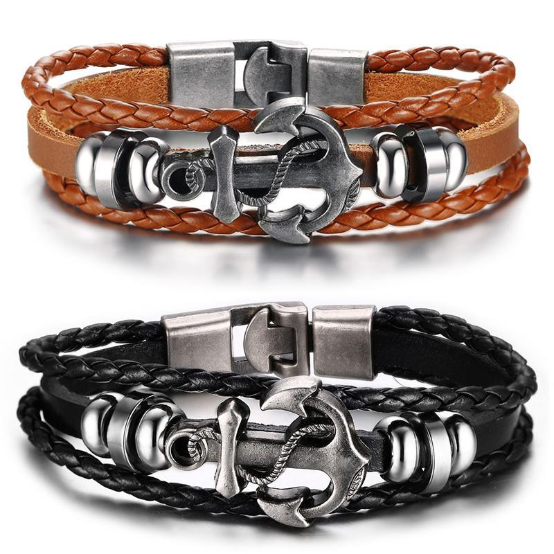 Vnox Anchor Bracelet Black Braided Leather Charm Men Jewelry - DRE's Electronics and Fine Jewelry