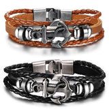 Vnox Anchor Bracelet Black Braided Leather Charm Men Jewelry - Women Bracelets