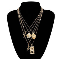 Layered Rose Cross Pendant Choker Necklace Set Boho Golden Carve Portrait Coin Long Chain Necklace Women Christian - DRE's Electronics and Fine Jewelry