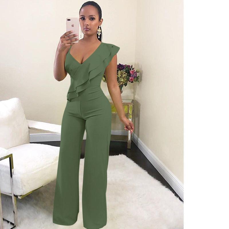 One Shoulder Ruffles Jumpsuits For Women Fashion V Neck Long Wide Leg Pants - DRE's Electronics and Fine Jewelry