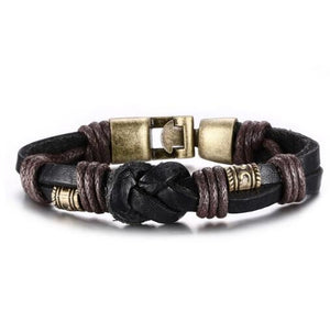 Vnox Leather Bracelet Bronze alloy Buckle Easy Hook For Men - black leather - Bracelets