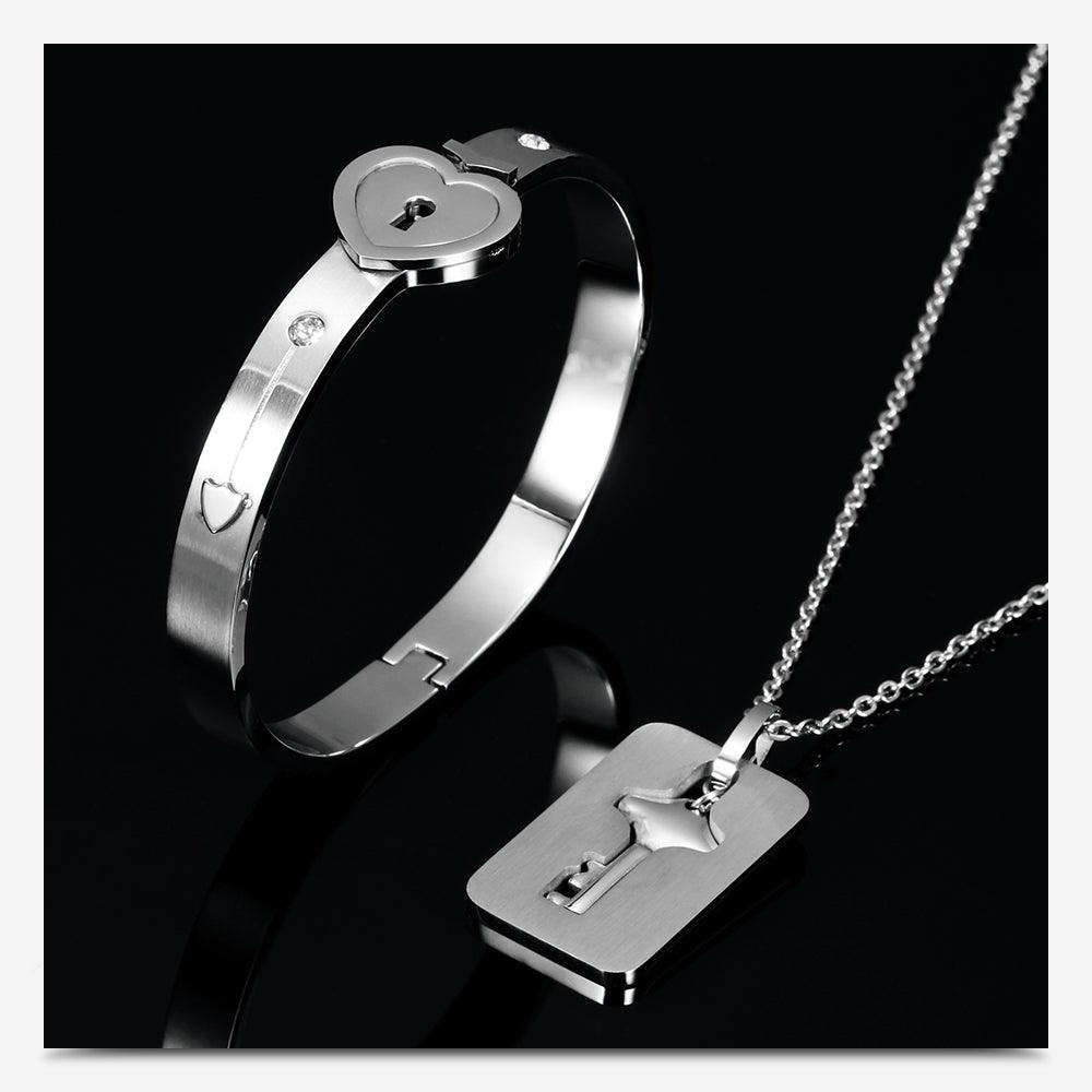 Couple Lovers Jewelry Love Heart Lock Bracelet Stainless Steel Bracelets Bangles Key Pendant Necklace Jewelry - DRE's Electronics and Fine Jewelry