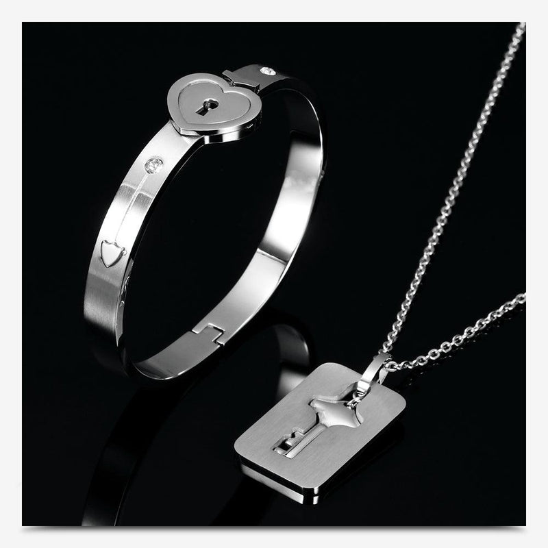 Couple Lovers Jewelry Love Heart Lock Bracelet Stainless Steel Bracelets Bangles Key Pendant Necklace Jewelry