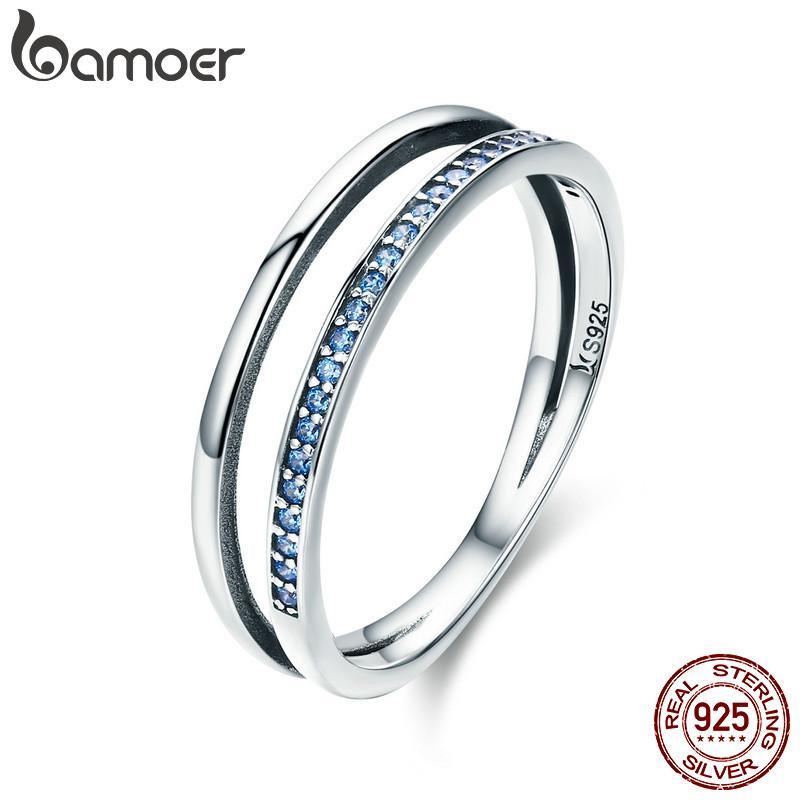 BAMOER 925 Sterling Silver Double Circle Black Clear CZ Stackable Finger Ring SCR082 - DRE's Electronics and Fine Jewelry