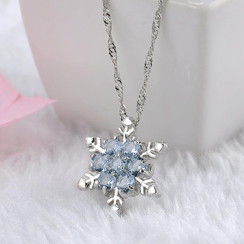 Charm Vintage lady Blue Crystal Snowflake Zircon Flower Silver Necklaces & Pendants Jewelry gift for Women girls Wholesale