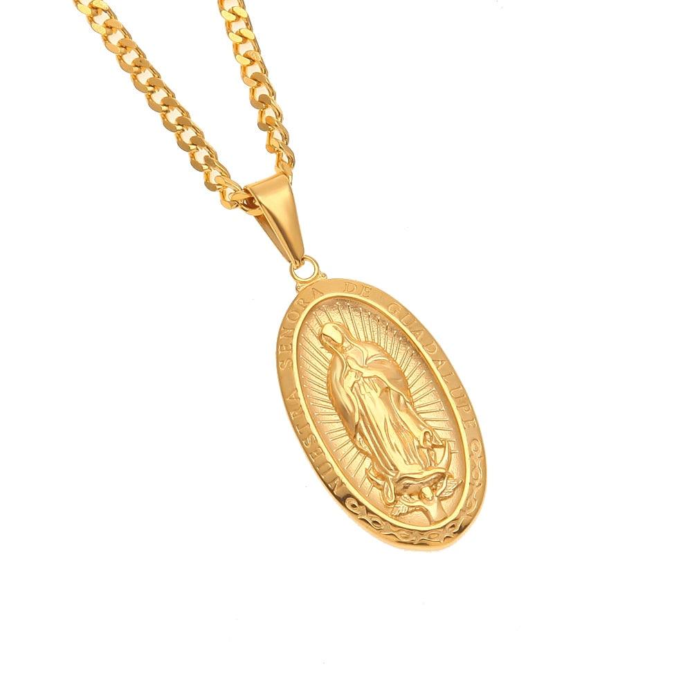 Catholic Religious Virgin Mary Necklace Pendant Stainless Steel Gold Color Cross Medallion Necklace - DRE's Electronics and Fine Jewelry