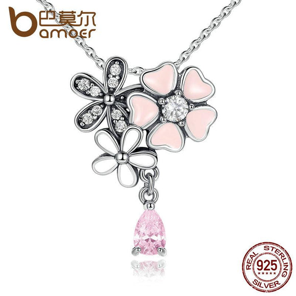 BAMOER 925 Sterling Silver Pink Heart Blossom Cherry Flower 45CM Pendants Necklaces SCN046