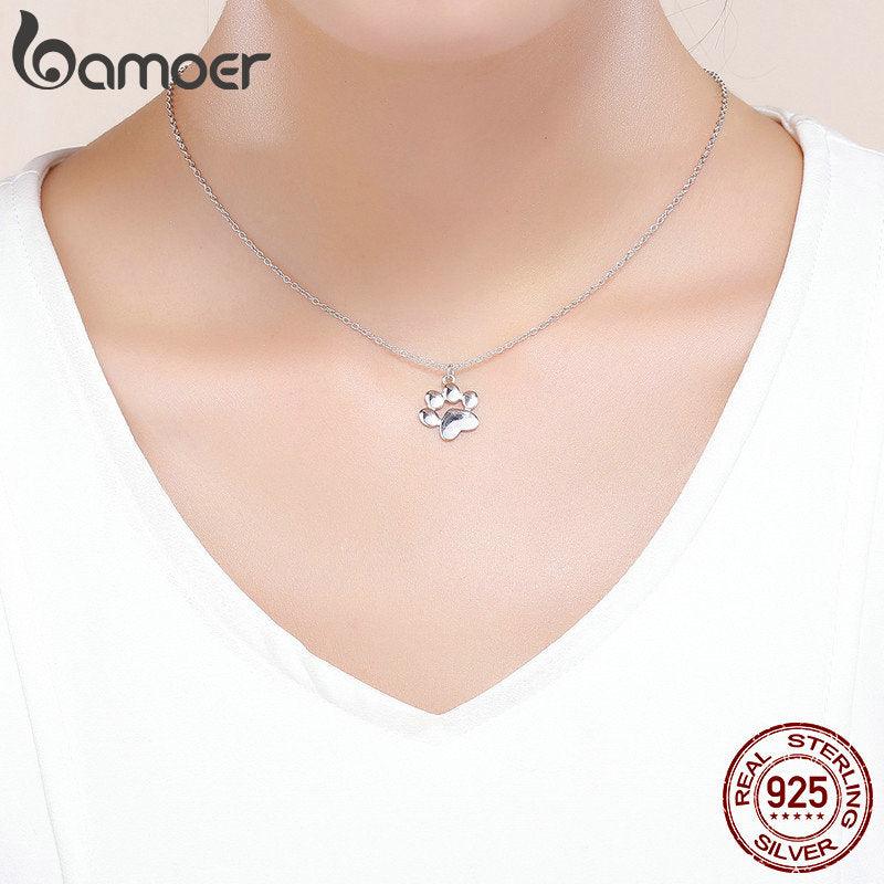 BAMOER Genuine 925 Sterling Silver Cute Animal Footprints Dog Cat Footprints Paw Necklaces Pendants Women Silver Jewelry SCN275 - DRE's Electronics and Fine Jewelry