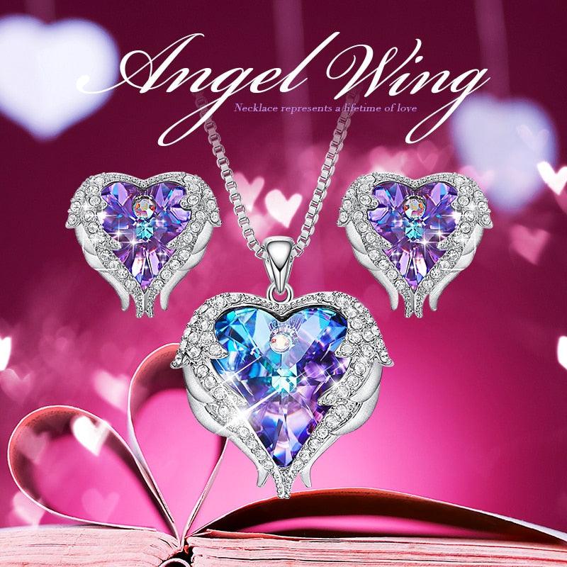 Cdyle Crystals from Swarovski Angel Wings Necklaces Earrings Purple Blue Crystal Heart Pendant Jewelry Set For Women Love Gifts - DRE's Electronics and Fine Jewelry