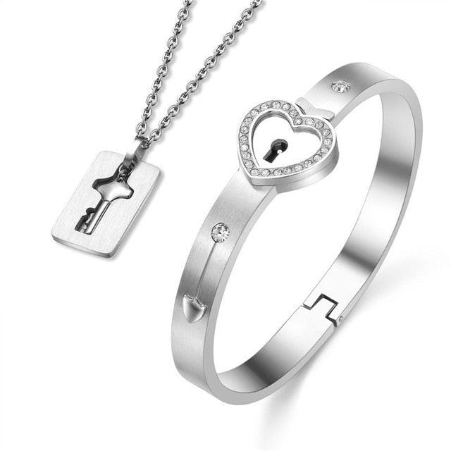 Couple Lovers Jewelry Love Heart Lock Bracelet Stainless Steel Bracelets Bangles Key Pendant Necklace Jewelry - DRE's Electronics and Fine Jewelry