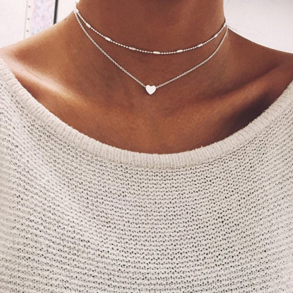Necklace for Women Heart shape Double Chain Gold Sliver Jewelry Necklaces Ladies Gift Valentine Day Present - Sterling Silver