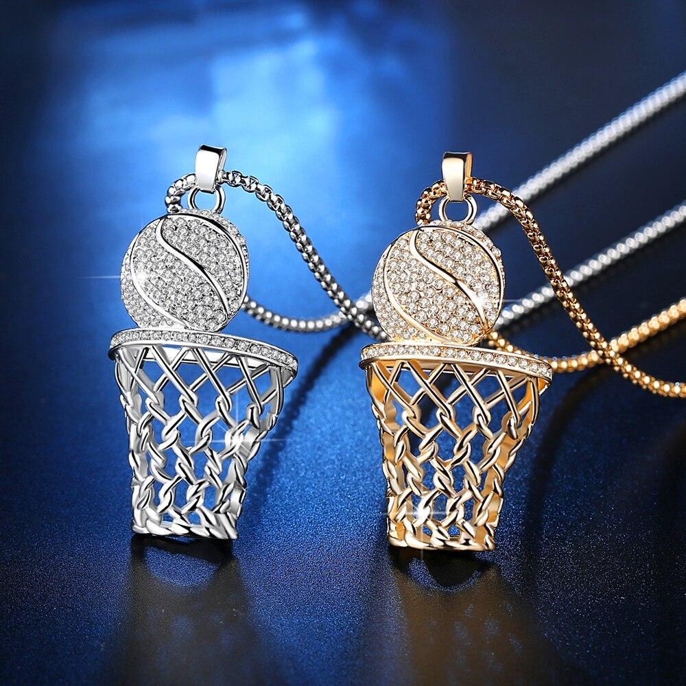 Men's Necklace Ice Gold Basketball And Hoop Necklace Gold Silver Steel Chain Pendant Long Chain Necklace Sport Cell Gift - DRE's Electronics and Fine Jewelry