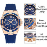 MISSFOX 2593 Women’s Watches Chronograph Rose Gold Sport Watch Ladies Diamond Blue Rubber Band Xfcs Analog Female Quartz Wristwatch - Women