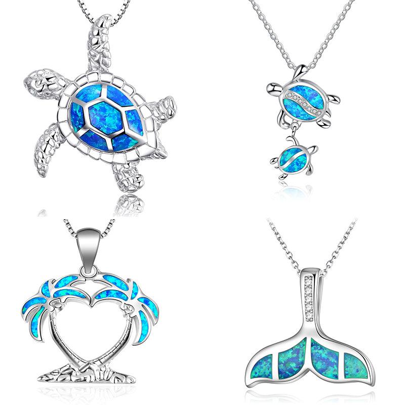 Silver Filled Blue Sea Turtle Pendant Necklace for Women