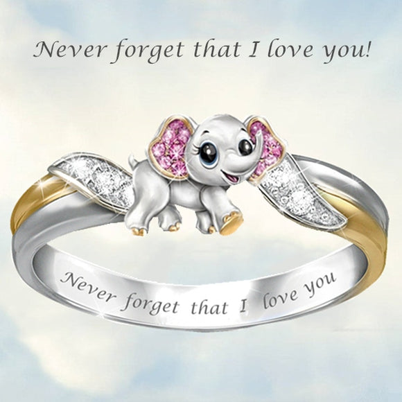 Never Forget I Love You Silver Cute Pink Elephant Crystal Zircon Engagement Ring Accessories Lover’s Gift Anniversary Jewelry - Sterling 