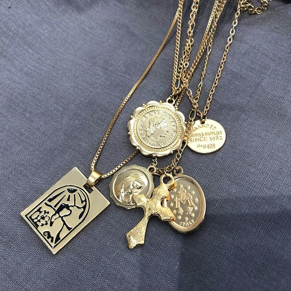 Vintage 4 Set Separable Chain Multi Layer Pendant Choker Necklaces Virgin Mary Jesus Cross Totem Square Jewelry Gift