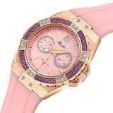 MISSFOX 2593 Women’s Watches Chronograph Rose Gold Sport Watch Ladies Diamond Blue Rubber Band Xfcs Analog Female Quartz Wristwatch - 
