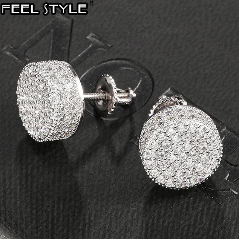 Hip HOP 1Pair Micro Full Paved Rhinestone Round Zircon CZ Stone Bling Iced Out Stud Earring Copper Earrings For Men Jewelry - DRE's Electronics and Fine Jewelry