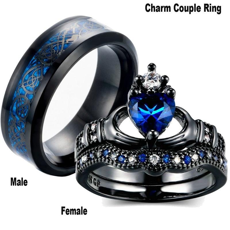 Carofeez Charm Couple Ring Stainless Steel Black Men's Ring Blue Zircon Women's Ring Sets Valentine's Day Wedding Bands - DRE's Electronics and Fine Jewelry