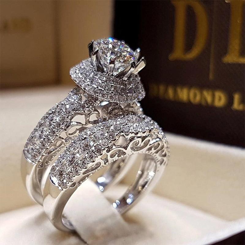 Luxury Crystal Female Big Zircon Stone Ring Set Fashion Silver Color Bridal Wedding Rings For Women Promise Love Engagement Ring - DRE's Electronics and Fine Jewelry