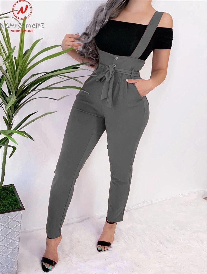 Women Streetwear Long Pants Bandage Design Button Pockets Decor High Waist Pencil Pants Lady Slim Hips Shoulder Straps Trousers